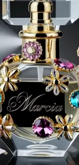Artistic perfume bottle with floral and jewel embellishments.