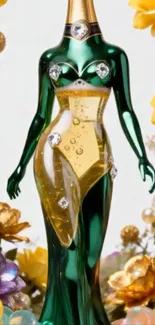 Perfume bottle art amidst colorful flowers