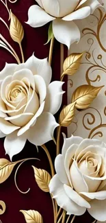 White roses on maroon and gold patterned phone wallpaper.