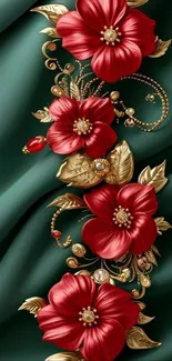 Elegant floral wallpaper with red flowers and gold accents on a green background.