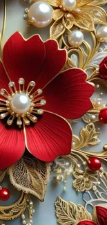 Luxurious floral wallpaper with red flowers and golden accents.