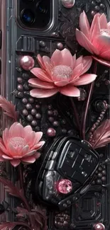 Close-up of a phone with pink floral design.