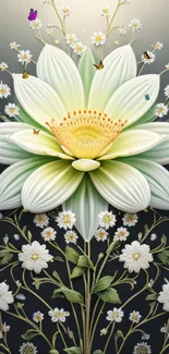 Elegant wallpaper featuring a large lotus with daisies and butterflies.