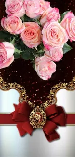 Elegant phone wallpaper with pink roses and gold ornate accents.