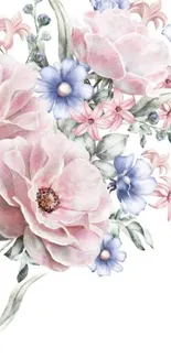 Elegant watercolor floral wallpaper with pink and blue flowers.