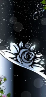 Elegant black floral wallpaper with pink roses and starry sky.