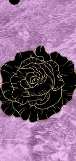 Black rose with gold outline on textured purple background.