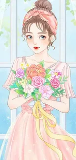 Woman holding a floral bouquet in a pastel-themed wallpaper.