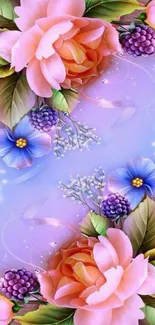 Elegant floral wallpaper with roses on a purple background.