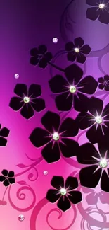 Elegant floral phone wallpaper with black flowers on a pink and purple gradient.