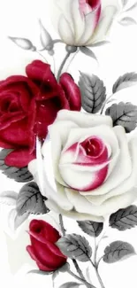 Elegant phone wallpaper with red and white roses set against grey leaves.