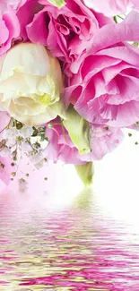 Pink and white floral wallpaper with reflective water surface.