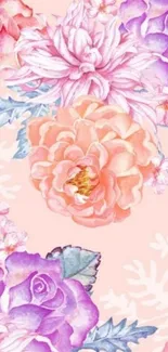 Elegant floral wallpaper with pink and purple flowers on a peach background.