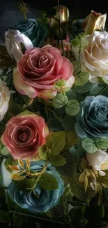 Elegant mobile wallpaper with colorful roses and lush green leaves.