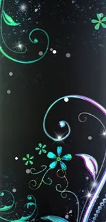 Elegant floral wallpaper with glowing swirls and dark background.