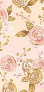 Elegant wallpaper with pink roses and gold leaves on light pink background.