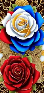 Elegant gold and floral wallpaper with red and blue roses depicted artistically.