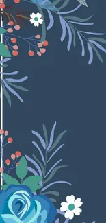 Elegant floral mobile wallpaper with blue roses on dark blue background.