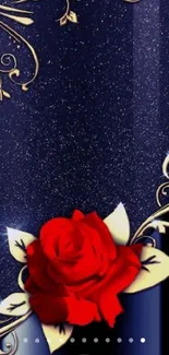 Dark wallpaper with gold and red rose design.