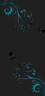 Elegant teal and black floral phone wallpaper.