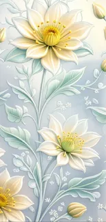 Elegant floral wallpaper with white flowers on a blue background.