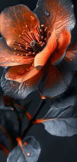 Vibrant orange flower with dark leaves wallpaper.