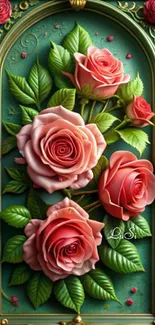 Elegant wallpaper featuring pink roses with ornate gold frame.