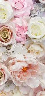 Close-up of soft pink and white roses in an elegant floral phone wallpaper.