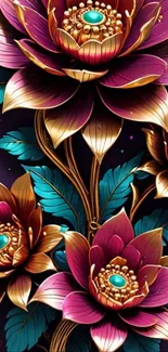 Elegant wallpaper with purple lotus flowers and intricate leaves.
