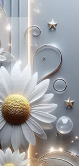 Elegant floral phone wallpaper with daisies and metallic accents.