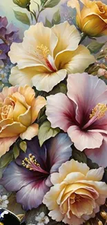 Elegant floral wallpaper with roses and hibiscus blooms.