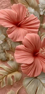 Elegant wallpaper with coral hibiscus flowers and leaves