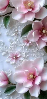 Elegant pink flowers with white lace design wallpaper.