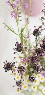 Elegant floral wallpaper with wildflowers on a soft white background.