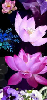 Elegant mobile wallpaper with pink and purple flowers on a black background.