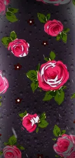 Mobile wallpaper featuring pink roses on a black background with green leaves.