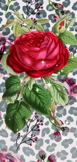 Elegant wallpaper with red rose and leafy design.