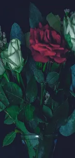 Elegant bouquet of roses with dark leaves on a phone wallpaper.