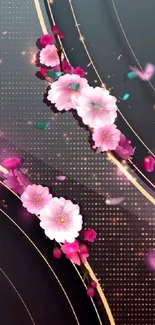 Elegant black wallpaper with pink blossoms and gold accents.