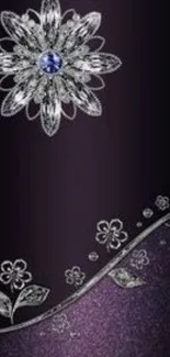 Elegant floral wallpaper with silver designs on dark purple background.