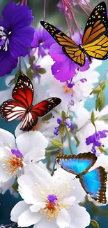Floral wallpaper with purple and white flowers hanging elegantly.