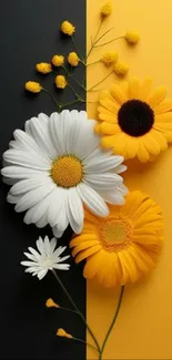 Elegant daisy floral wallpaper with black and yellow background.