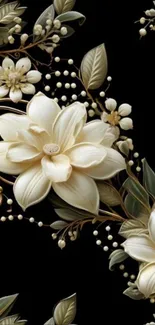 Elegant cream floral wallpaper with black background.