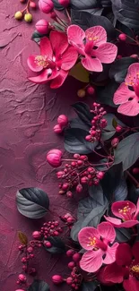 Vibrant pink floral wallpaper with textured leaves.