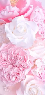 Pink and white roses floral wallpaper with elegant details.