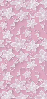 Pink wallpaper with white floral pattern.