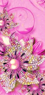 Pink floral mobile wallpaper with jeweled flowers and a butterfly.