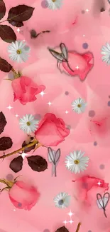 Pink floral wallpaper with roses and daisies, featuring a soft elegant design.