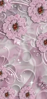 Elegant pink floral wallpaper with intricate decorative design.