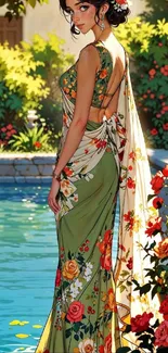 Elegant woman in floral dress by a pool with a lush garden.